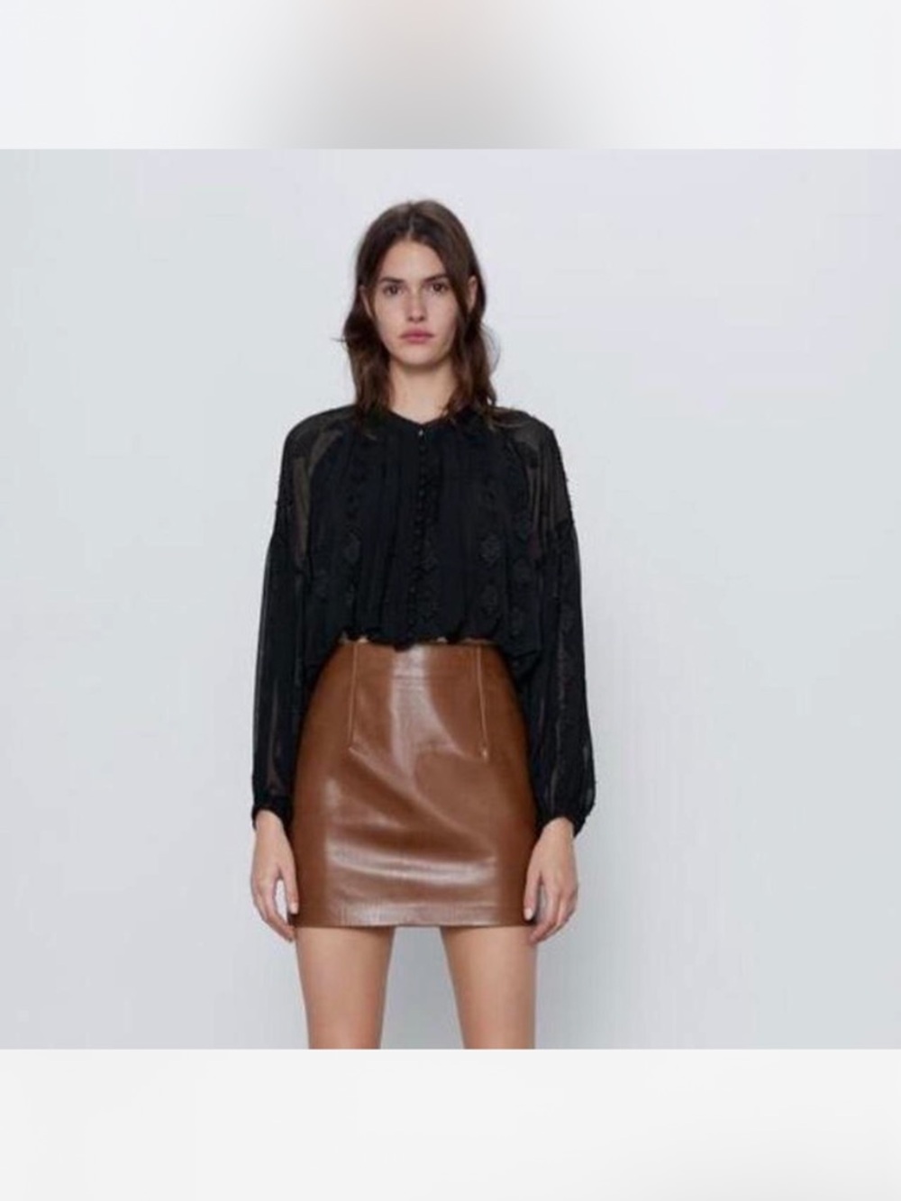 Zara Cropped Top Black Long Sleeve Embroidered Jacquard Blouse Button Down XS